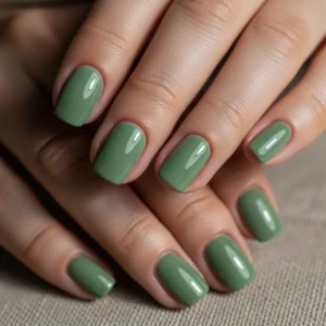 sage green short gel nails solid color manicure, earthy green nail design 2026 trend, simple gel nails at home short nails, minimalist natural nail polish ideas