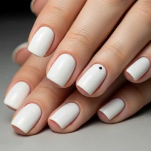 white gel nails with dot accent short nails, minimalist nail art simple dot design, easy gel nail ideas at home short nails, modern clean nail design 2026
