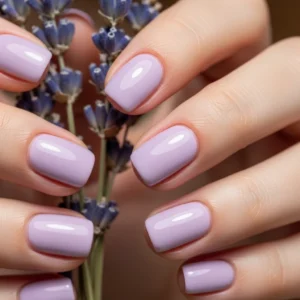 soft lavender short gel nails pastel purple manicure, trendy lavender nail color 2026, simple short gel nail ideas at home, glossy pastel nails aesthetic