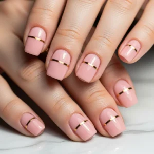 blush pink gel nails with gold line design short nails, minimalist gold stripe nail art, elegant short gel nails at home, simple luxury nail design 2026