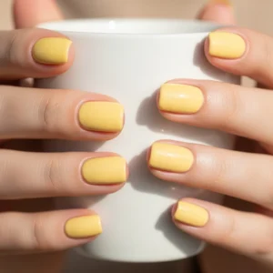 butter yellow short gel nails pastel yellow manicure, simple bright nail ideas at home short nails, trendy yellow nails 2026, glossy soft gel nail design beginner friendly