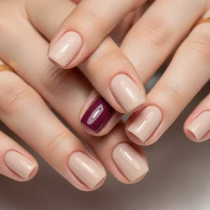 deep berry accent nail short gel nails neutral manicure with plum accent, simple accent nail ideas short nails, trendy gel nail designs 2026, easy at home manicure with bold accent nail