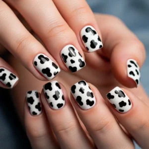 cow print short gel nails black and white nail art design, trendy animal print nails 2026 short nails, easy DIY cow print nail art at home, fun gel nail ideas beginner friendly