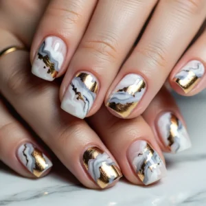 marble effect short gel nails with foil design, abstract marble nail art gold foil nails 2026, easy DIY marble nails at home short nails, trendy gel nail designs elegant look
